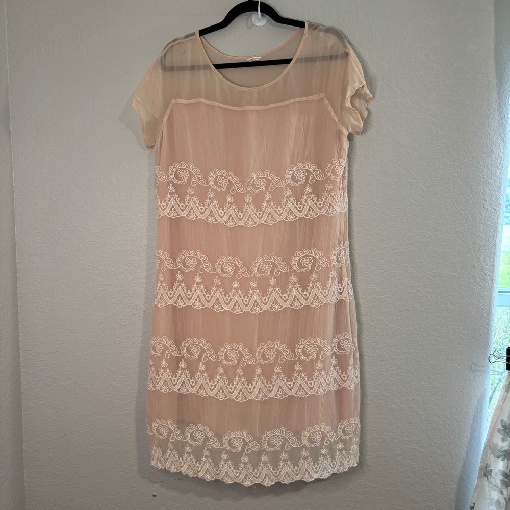 Sundance Peach Embroidered Mesh Yoke Shift Dress Short Sleeve Boho Romantic L